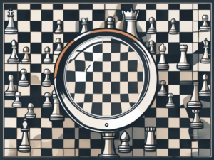 A magnifying glass focusing on a chessboard with chess pieces representing different job roles