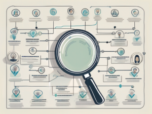 A magnifying glass focusing on a flowchart representing the hiring process