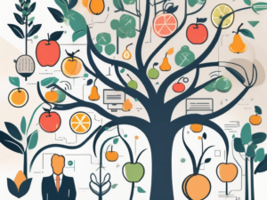 A thriving tree with various business-related icons as fruits