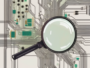 A magnifying glass hovering over a computer circuit board to represent the use of search technology in recruitment