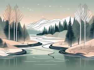 A serene landscape with a river flowing through a forest