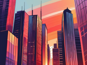 A vibrant cityscape at sunset