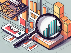 A magnifying glass focusing on a bar chart with rising sales figures