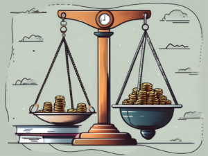 A balanced scale with different business elements (like building